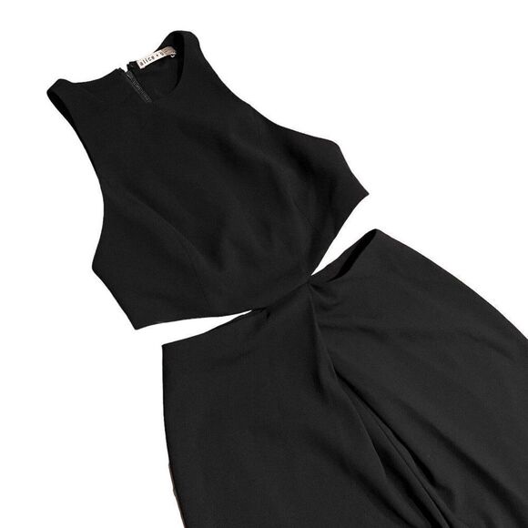 Alice Olivia Cara Jumpsuit 0 Black Cutout Crepe Pleated Sleeveless Wide Leg Fall - Picture 3 of 16